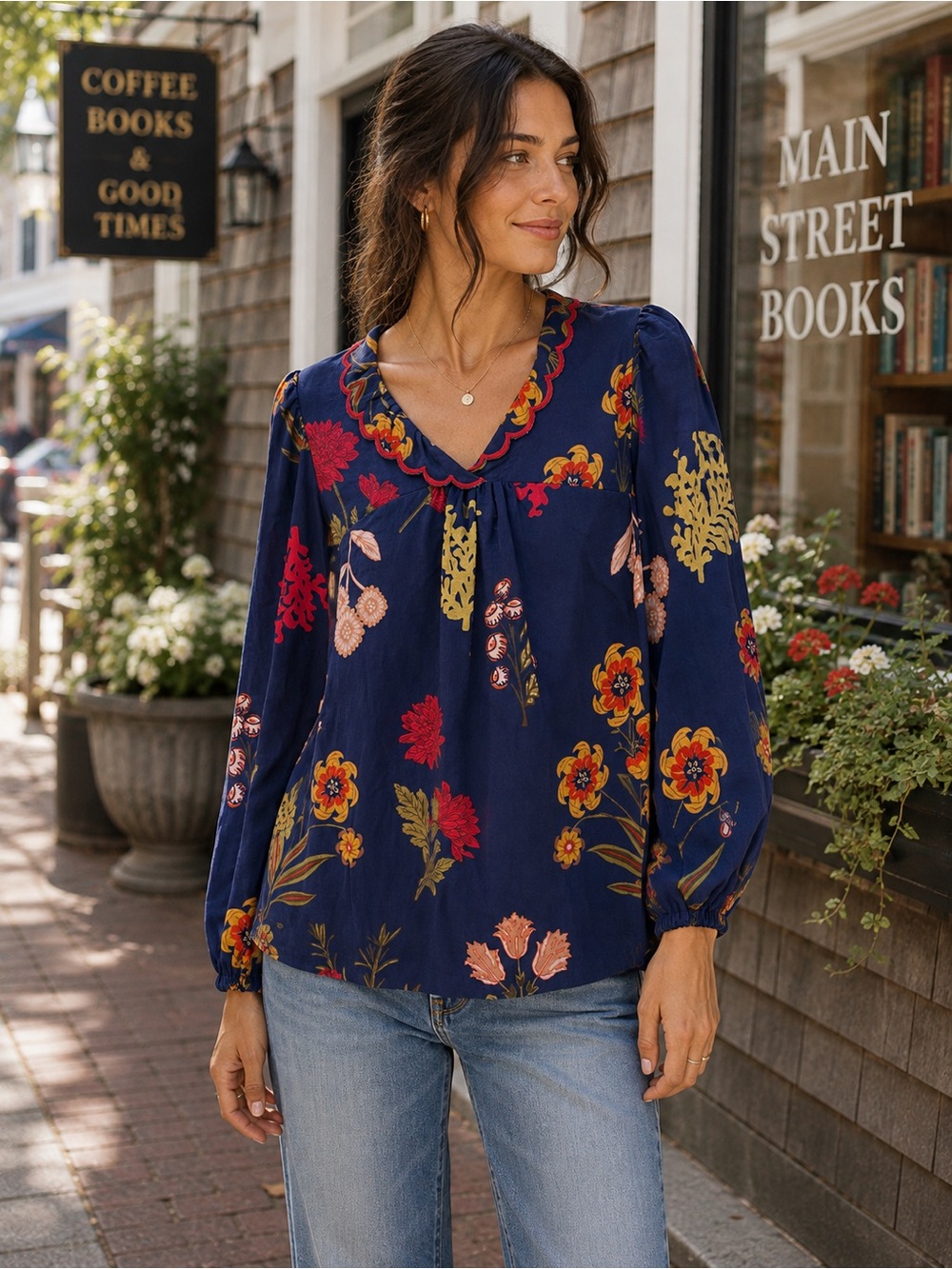 Umgee Navy Floral Blouse Small Scalloped Neck Long Sleeve Boho